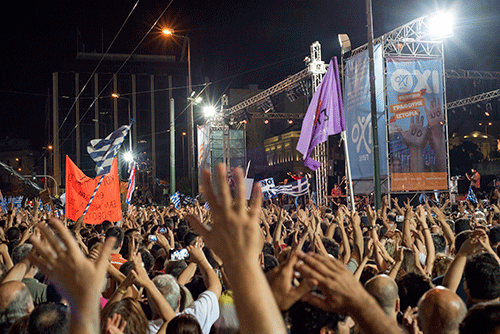  Greek referendum 2015: demonstration for voting NO at Syntagma square, Athens Greece.  Wikimedia Commons, author Ggia,  Creative Commons Attribution-Share Alike 4.0 International license. 