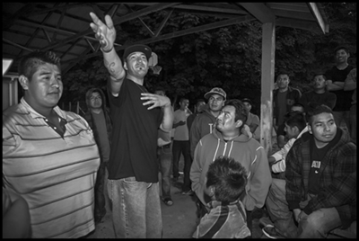 Ramón Torres, head of the strike committee and president of Familias Unidas por la Justicia, a union of indigenous Mexican farm workers in Washington State, talks to strikers at Sakuma Farms about the effort to get the company to sign an agreement. After four years of strikes and the boycott of Driscolls’ berries, the union signed its first contract in June.