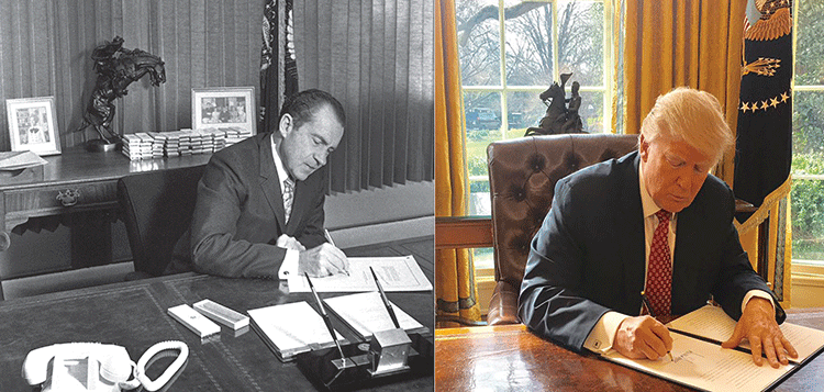 President Richard Nixon signs the National Environmental Policy Act (NEPA) on January 1, 1970. Credit:  U.S. Department of Agriculture (public domain). President Donald Trump signs Executive Order 13780 on March 6, 2017, barring travel indefinitely from seven countries. Credit: White House (public domain).  