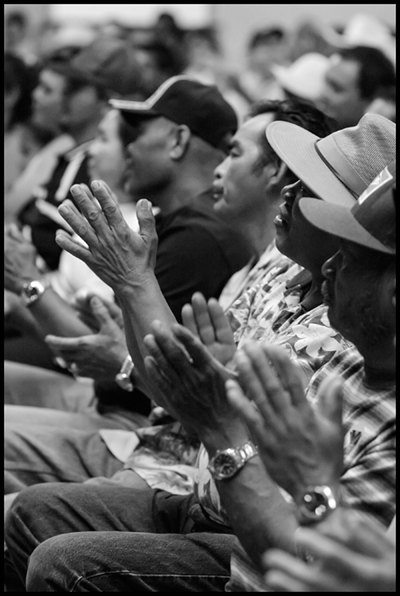 Filipino immigrant workers at an organizing rally at the Forty Acres, the historic home of the United Farm Workers. Photo by David Bacon
